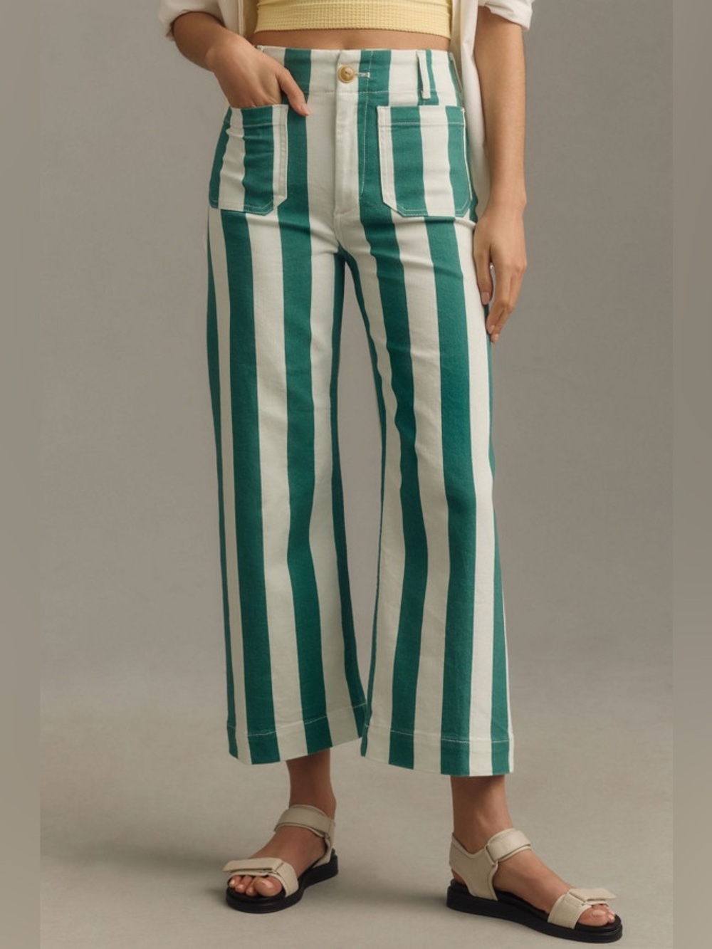 Anthropologie Maeve Colette Green Striped Denim High Rise Wide Leg Crop Jean 32